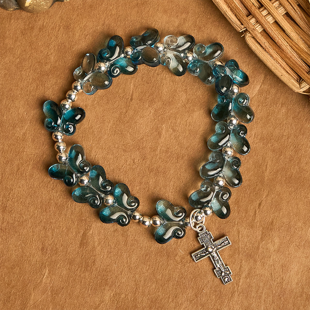 Wings of Devotion Shimmering Blue Butterfly Prayer Bracelet, Animal