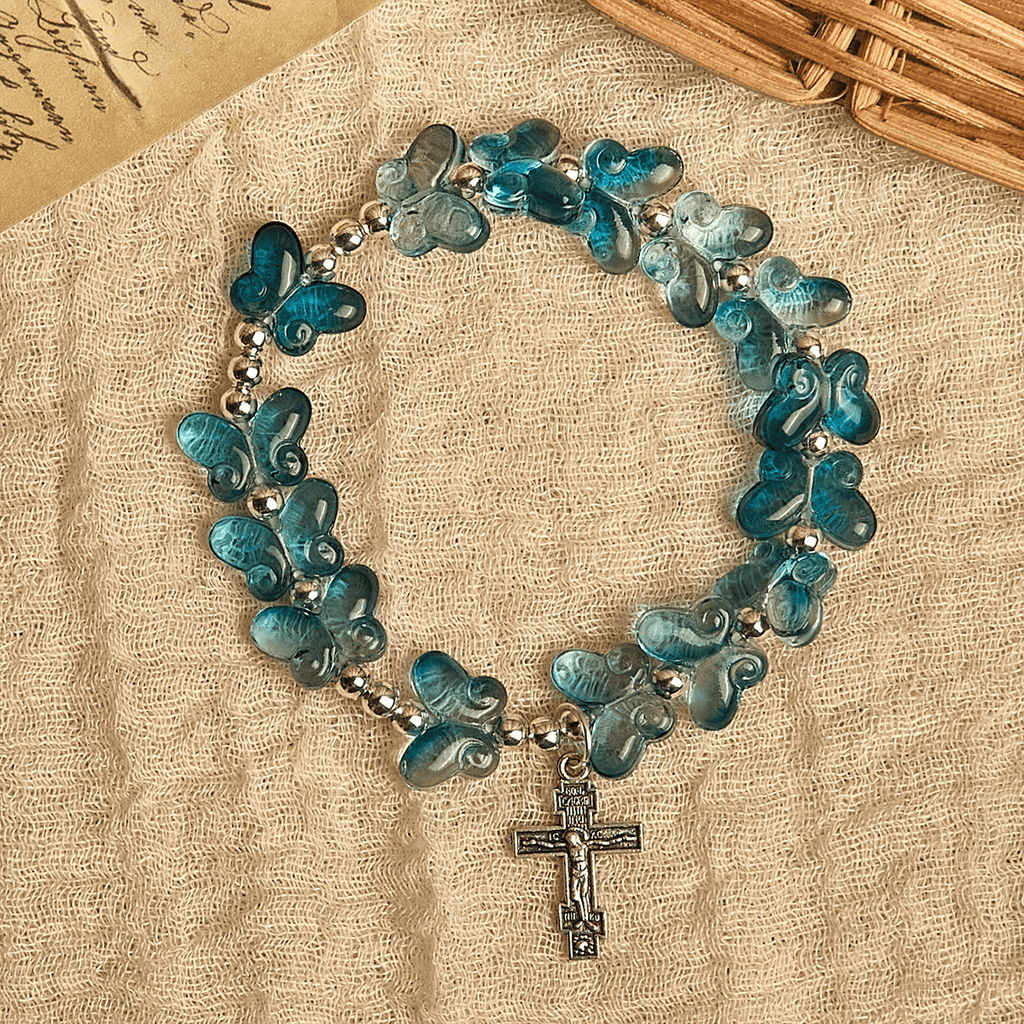 Wings of Devotion Shimmering Blue Butterfly Prayer Bracelet, Animal