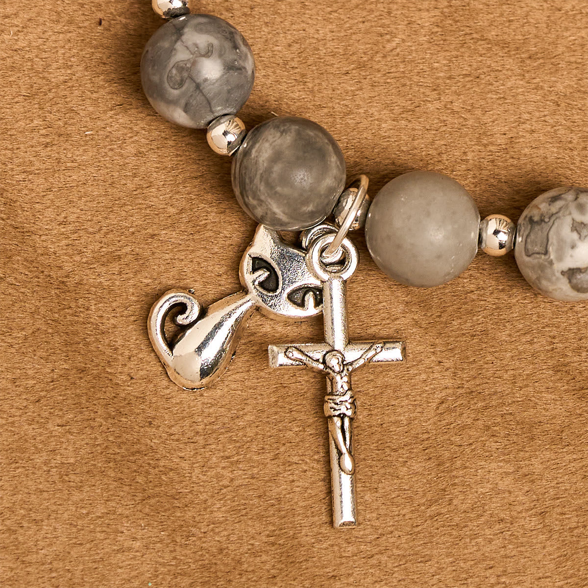 Gentle Guardian Light Grey Tabby Cat Prayer Animal Bracelet