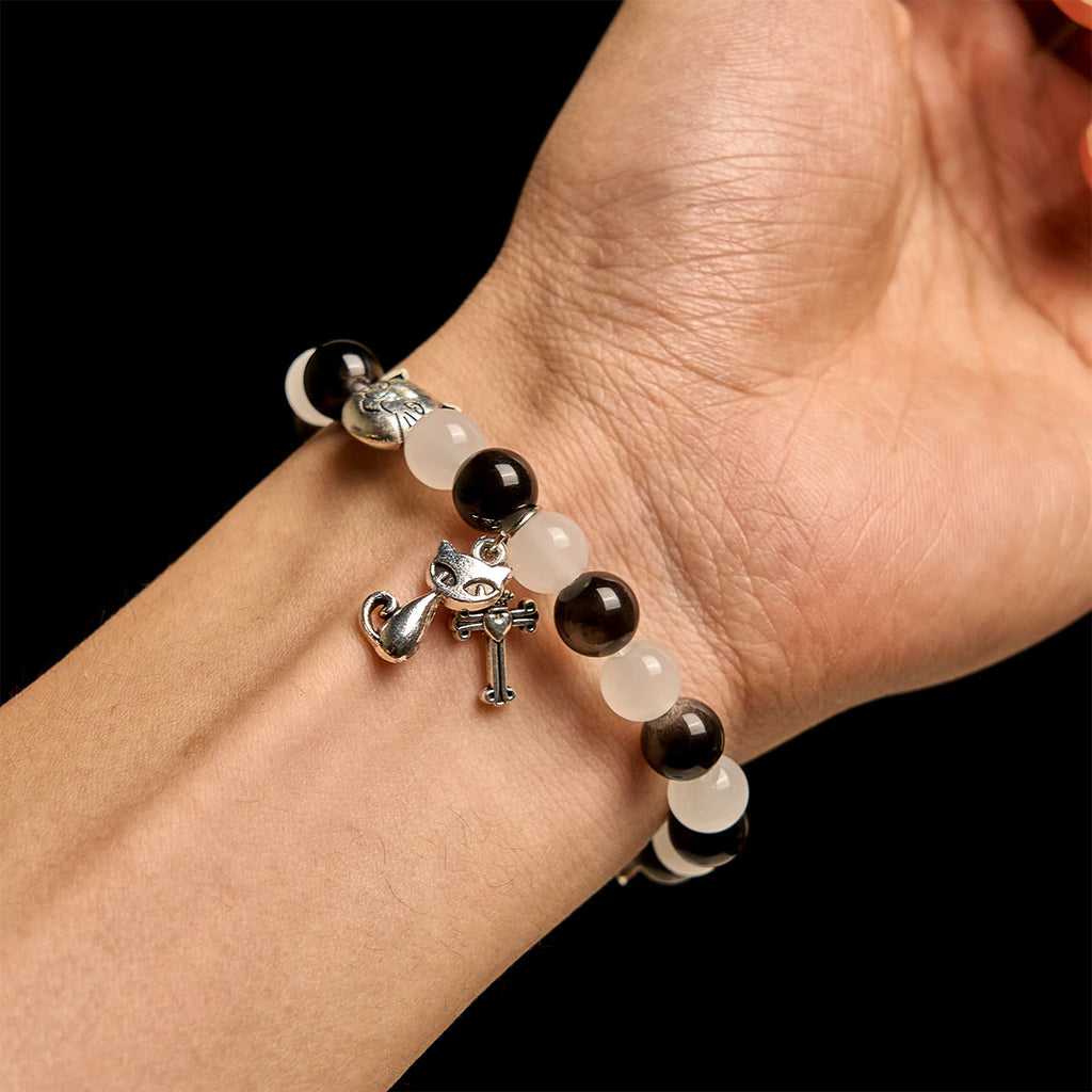 Our Lady's Blessing with Black & White Cow Cat Beads Bracelet, Animal