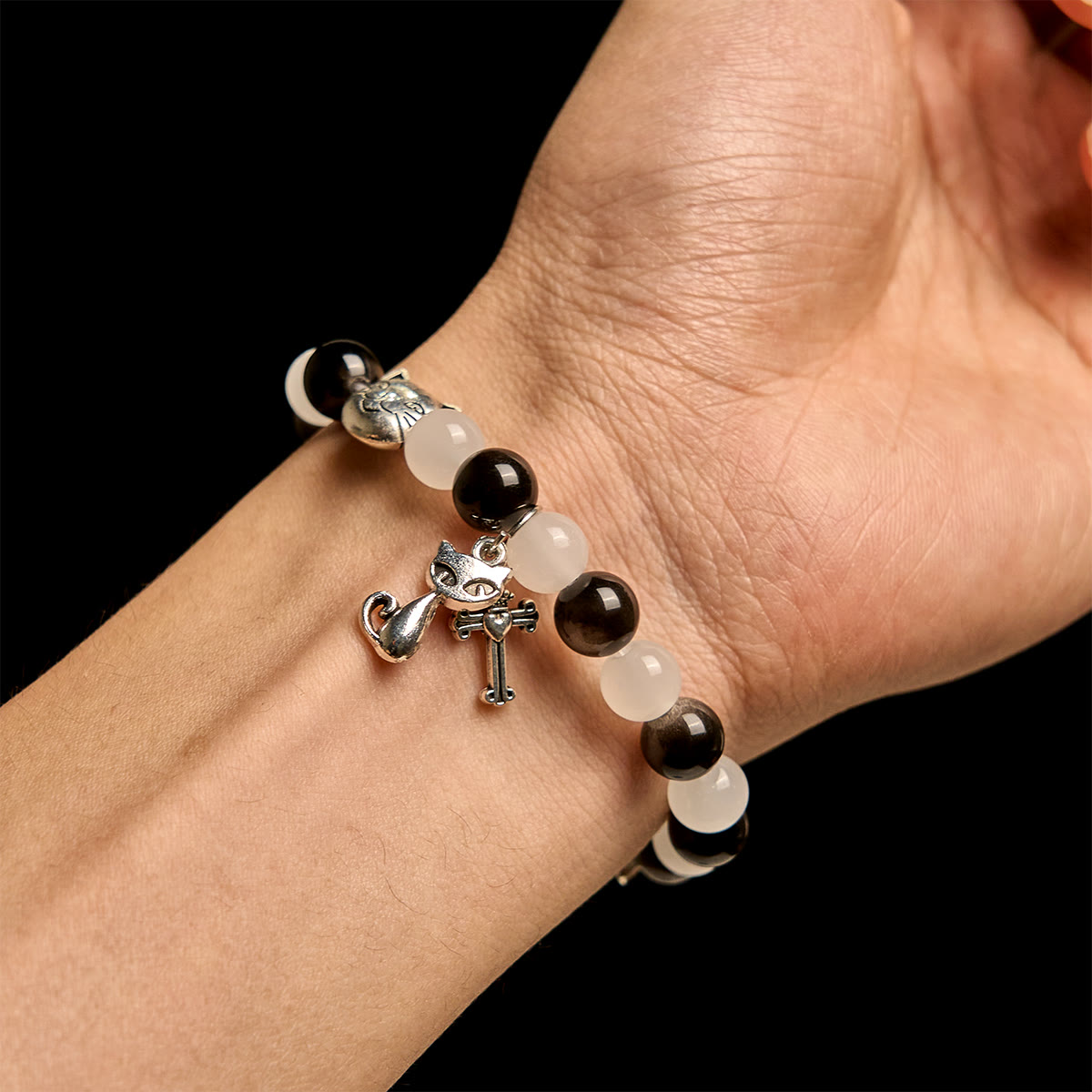 Our Lady's Blessing with Black & White Cow Cat Beads Bracelet, Animal