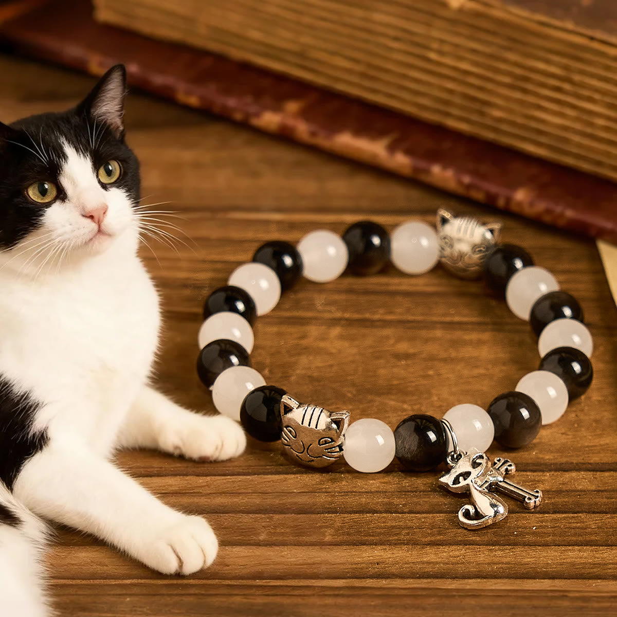 Our Lady's Blessing with Black & White Cow Cat Beads Bracelet, Animal