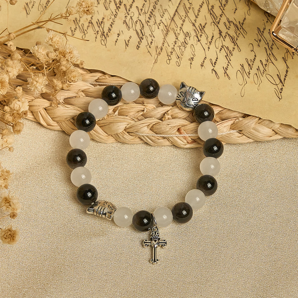 Our Lady's Blessing with Black & White Cow Cat Beads Bracelet, Animal