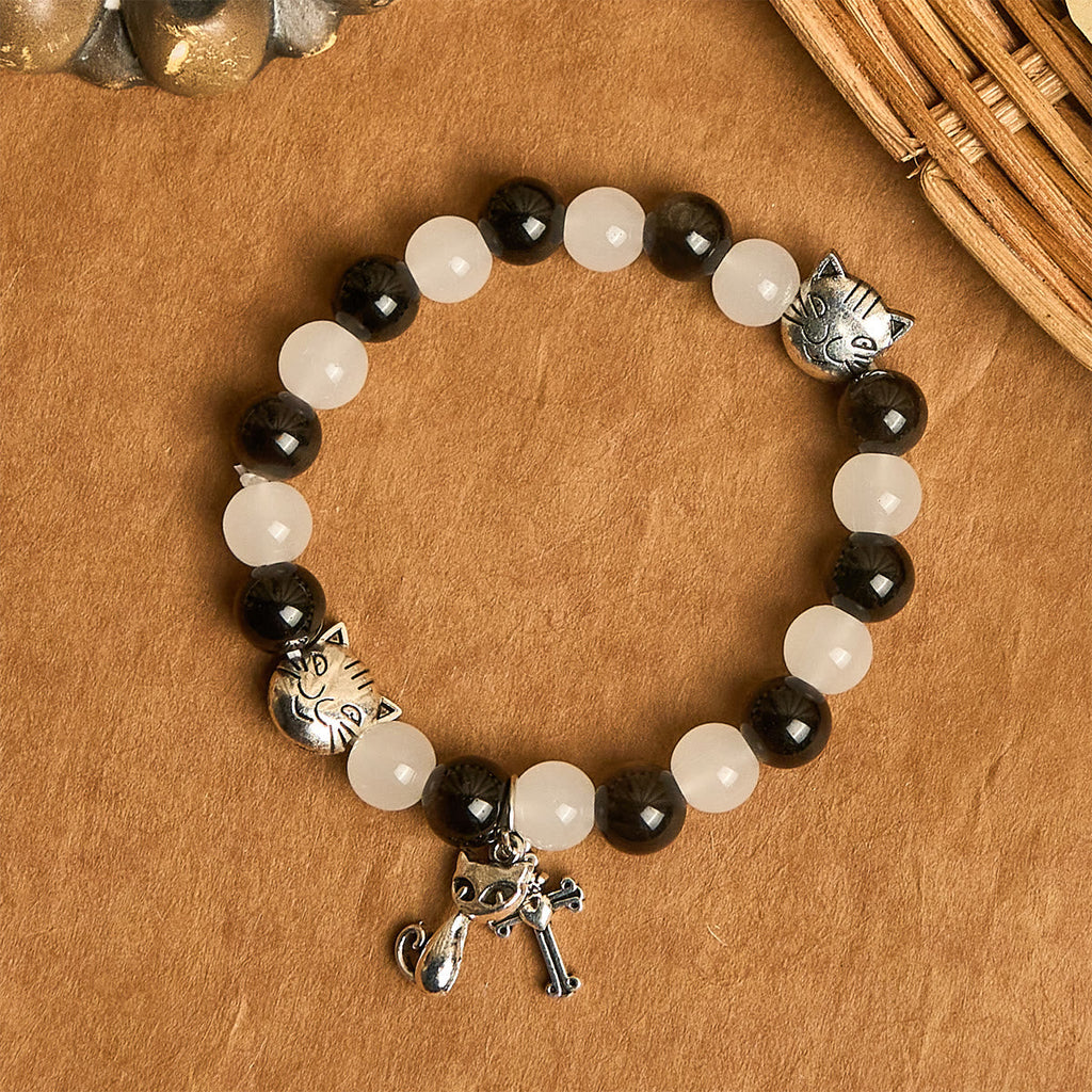 Our Lady's Blessing with Black & White Cow Cat Beads Bracelet, Animal