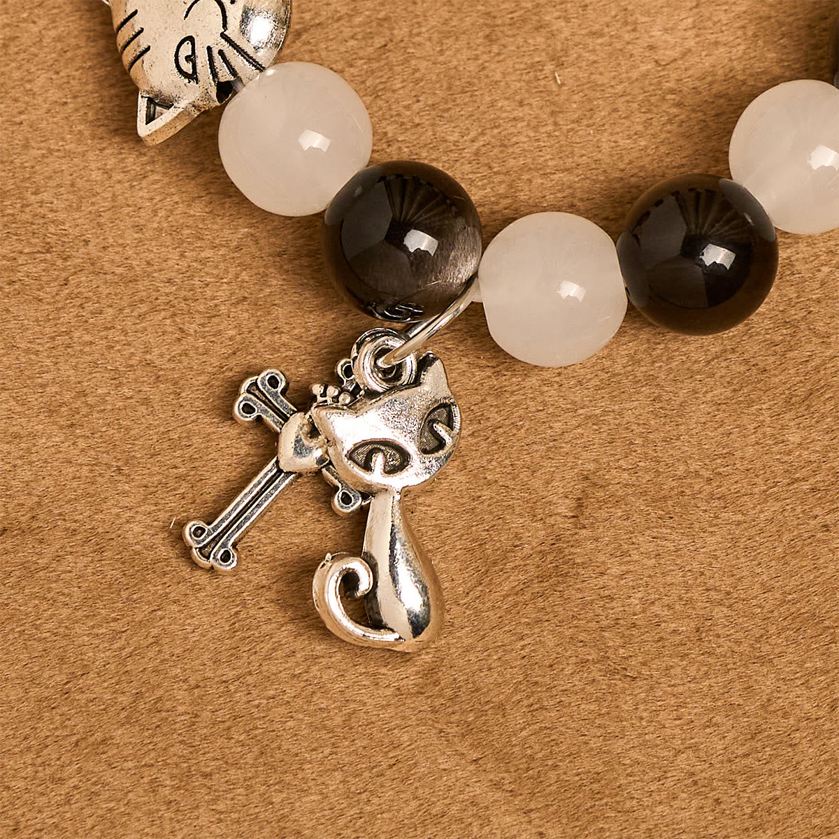 Our Lady's Blessing with Black & White Cow Cat Beads Bracelet, Animal