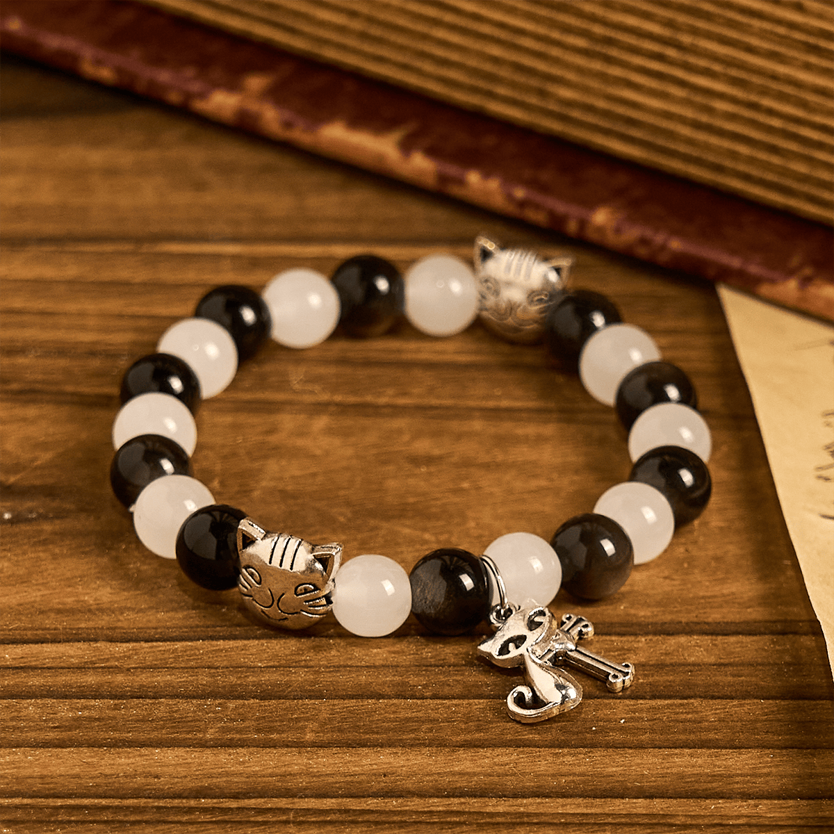Our Lady's Blessing with Black & White Cow Cat Beads Bracelet, Animal