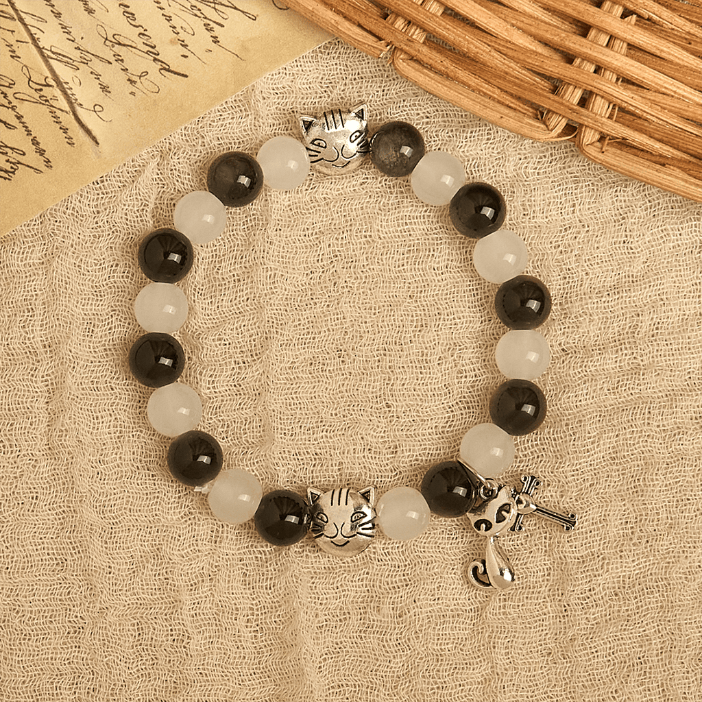 Our Lady's Blessing with Black & White Cow Cat Beads Bracelet, Animal