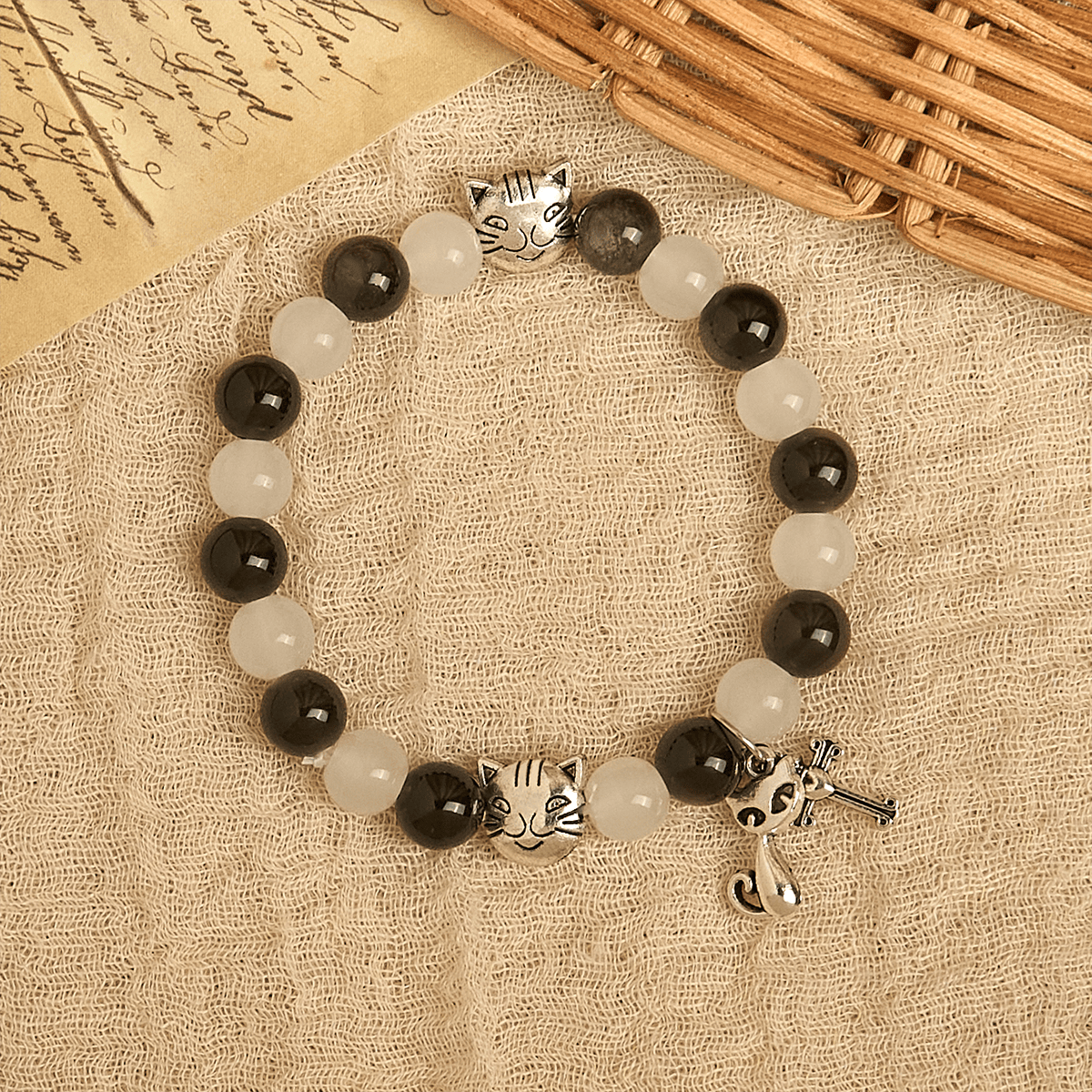 Our Lady's Blessing with Black & White Cow Cat Beads Bracelet, Animal