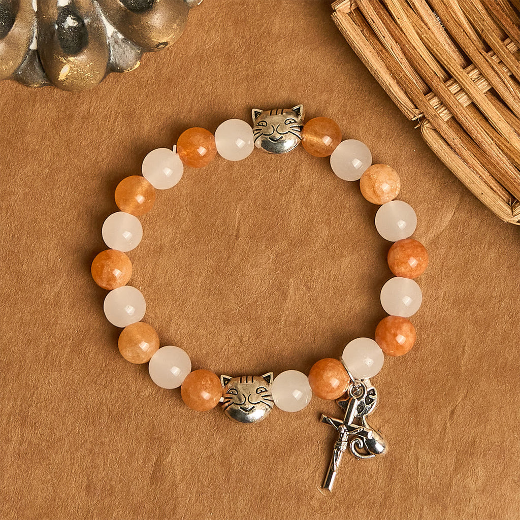 Orange & White Quartz with Cat Face Stainless Steel Charms of Orange