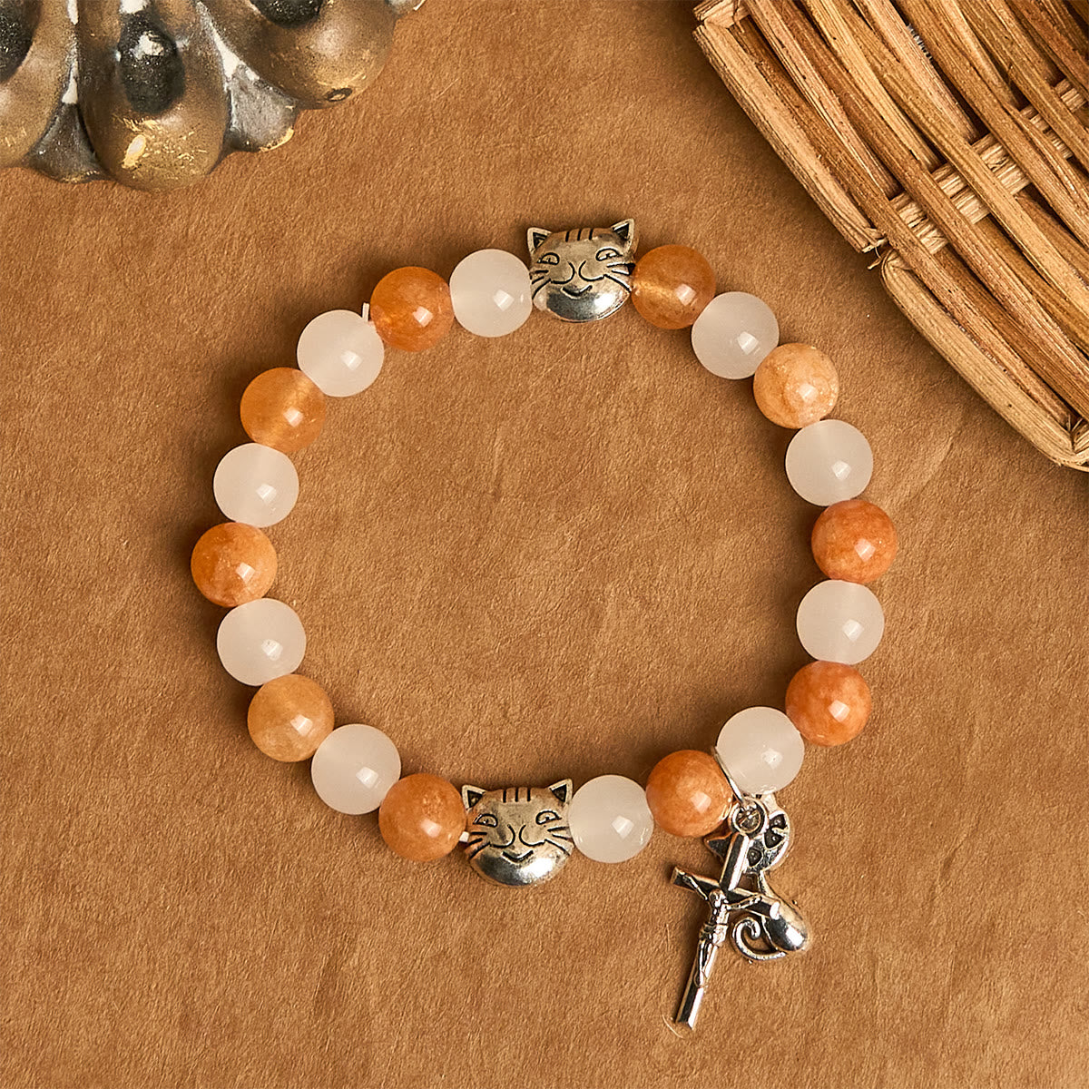 Orange & White Quartz with Cat Face Stainless Steel Charms of Orange