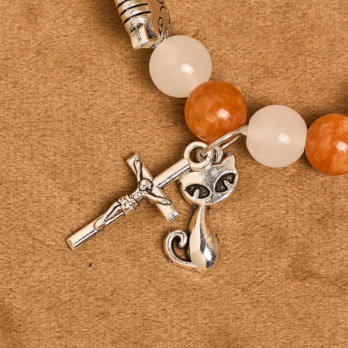 Orange & White Quartz with Cat Face Stainless Steel Charms of Orange