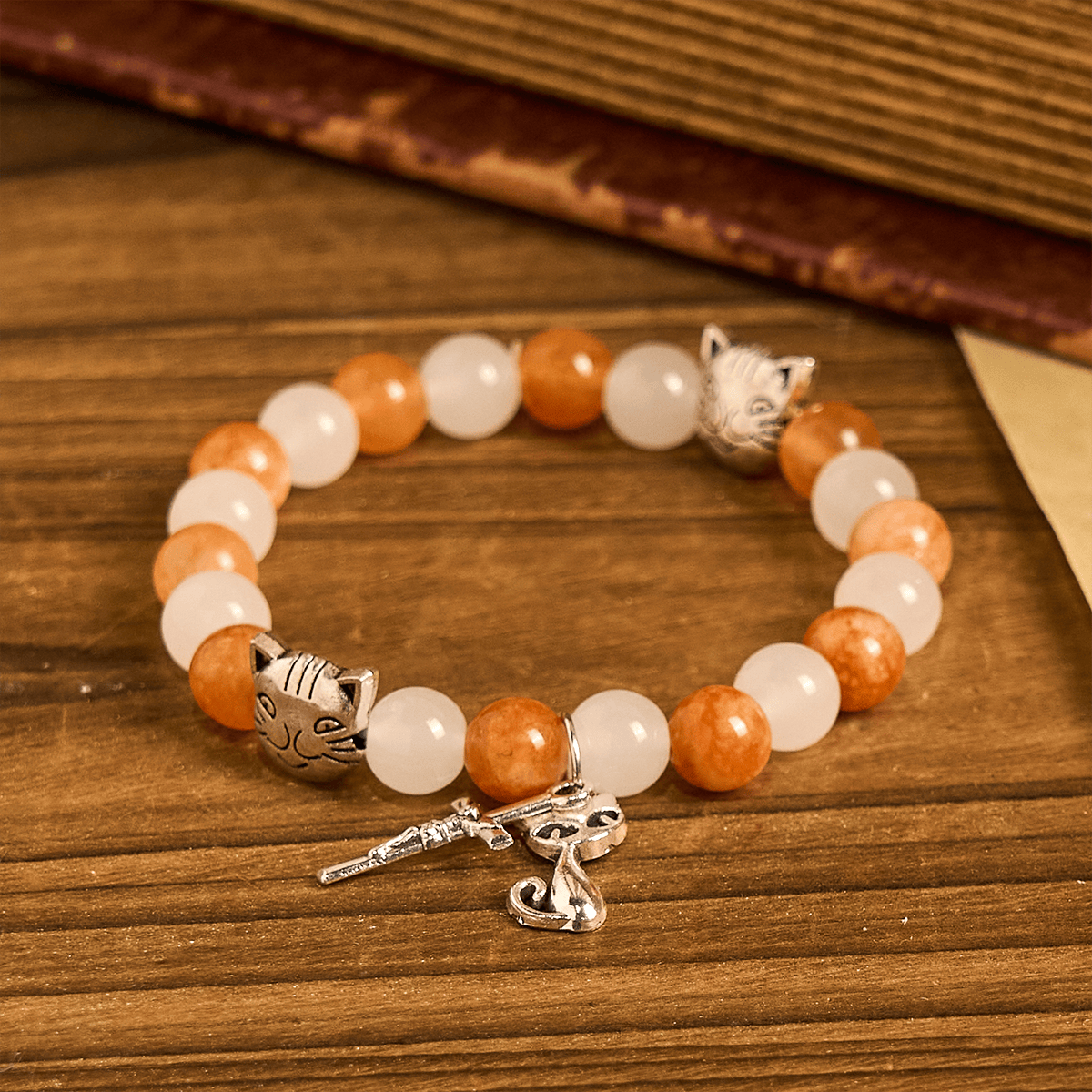 Orange & White Quartz with Cat Face Stainless Steel Charms of Orange