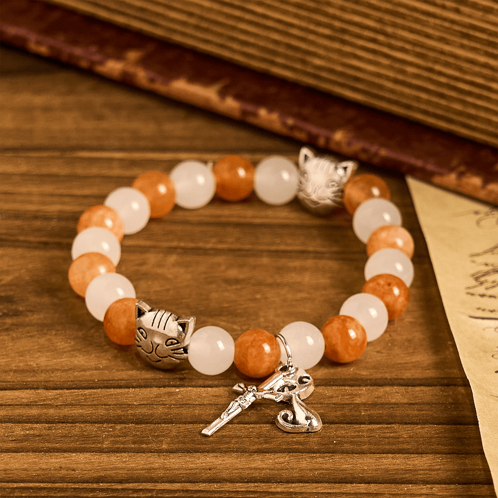 Orange & White Quartz with Cat Face Stainless Steel Charms of Orange