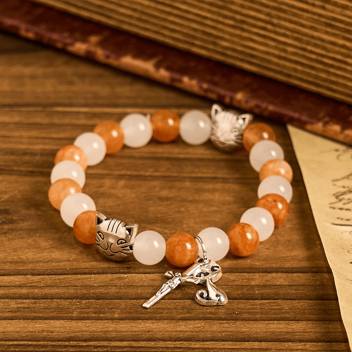 Orange & White Quartz with Cat Face Stainless Steel Charms of Orange