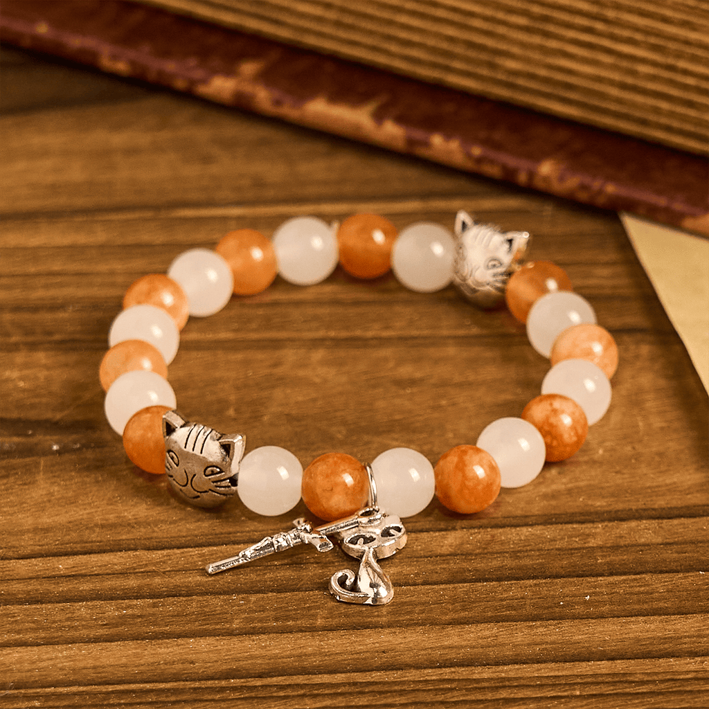 Orange & White Quartz with Cat Face Stainless Steel Charms of Orange