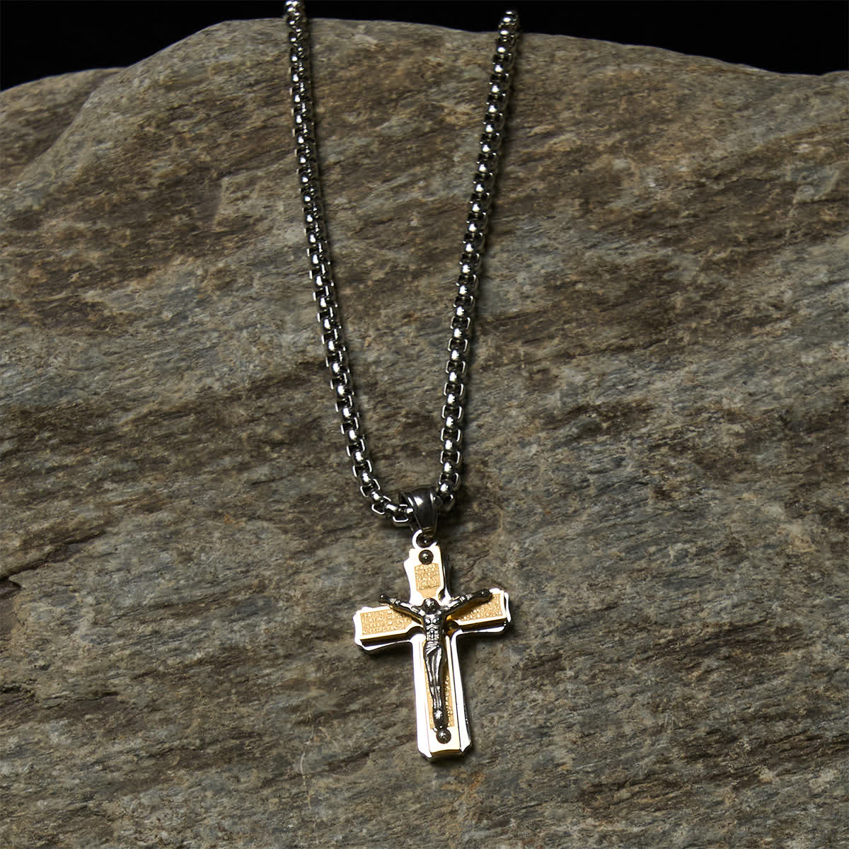 Dual-Tone Metal Crucifix Necklace with Jesus Figure