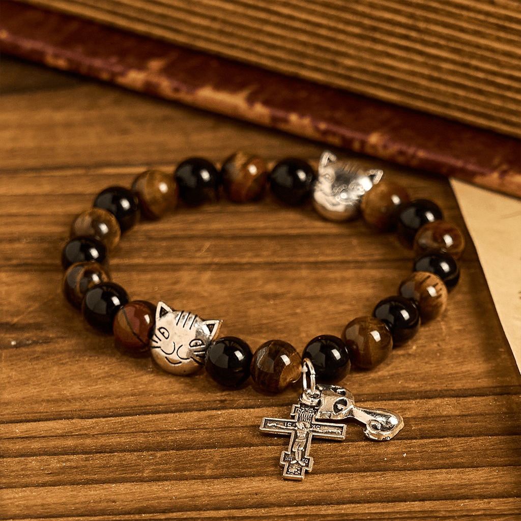 Faithful Tabby Cat with Brown Black Beads for Loving Prayer Animal