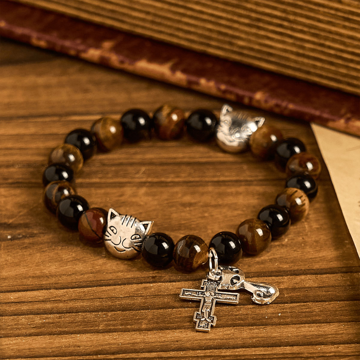 Faithful Tabby Cat with Brown Black Beads for Loving Prayer Animal