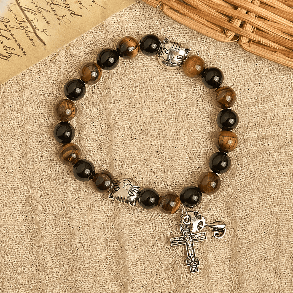 Faithful Tabby Cat with Brown Black Beads for Loving Prayer Animal
