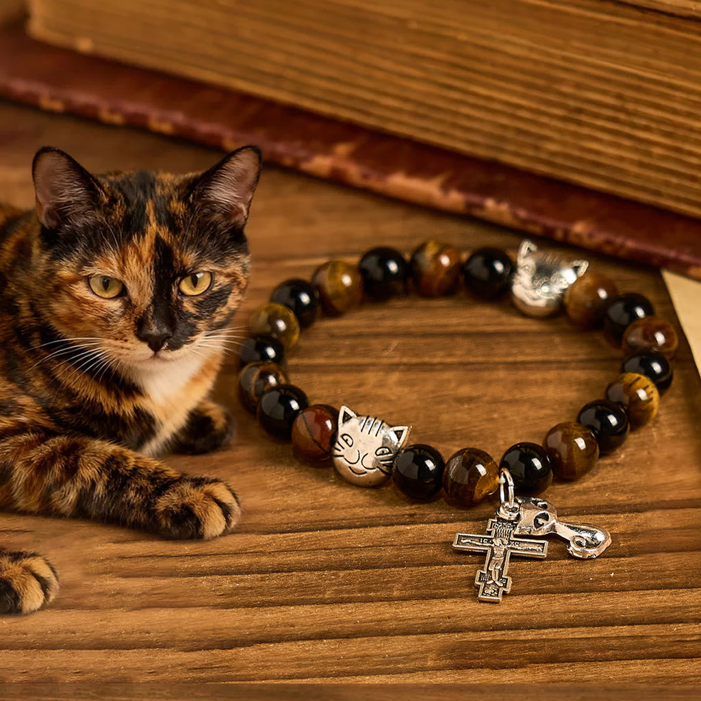 Faithful Tabby Cat with Brown Black Beads for Loving Prayer Animal