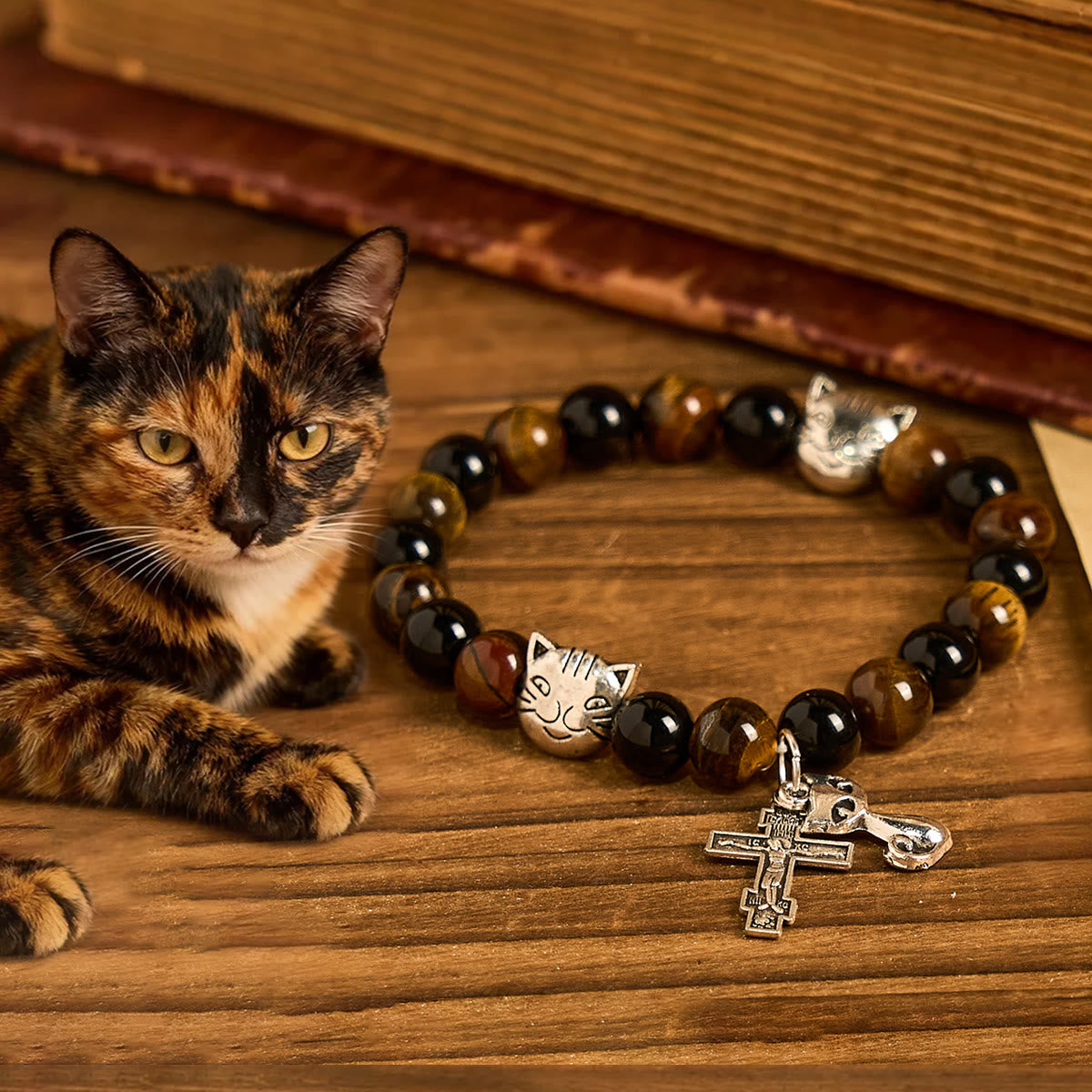 Faithful Tabby Cat with Brown Black Beads for Loving Prayer Animal