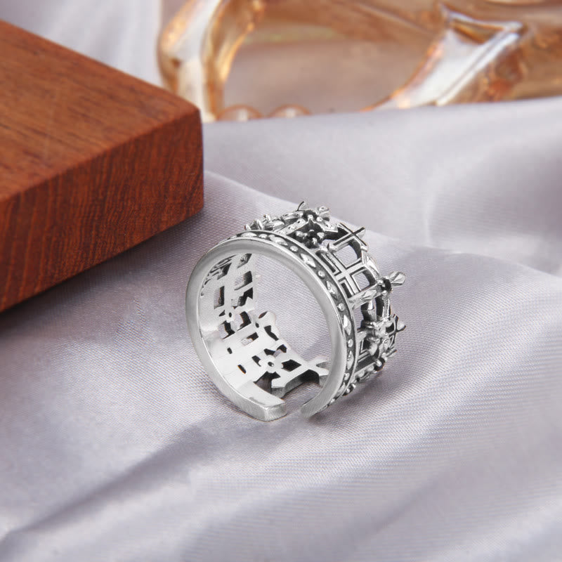 925 Sterling Gothic Lattice Cross Crown Ring with Church Motifs