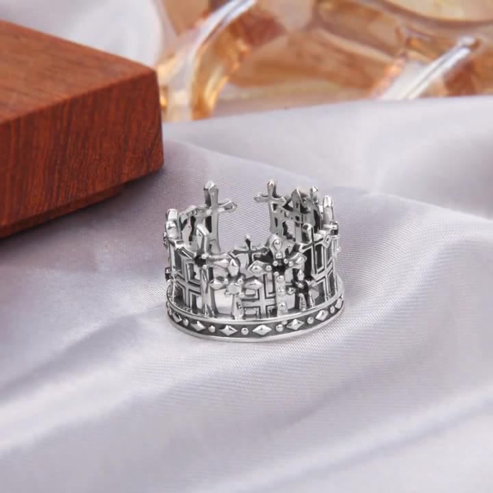 925 Sterling Gothic Lattice Cross Crown Ring with Church Motifs