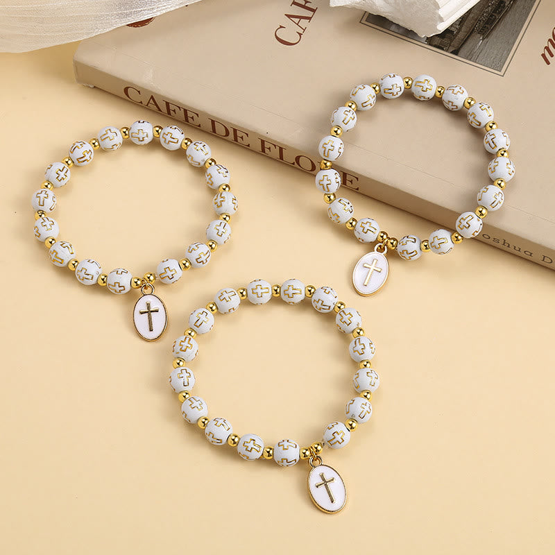 Elegant Clean White & Golden Cross Bead Bracelet