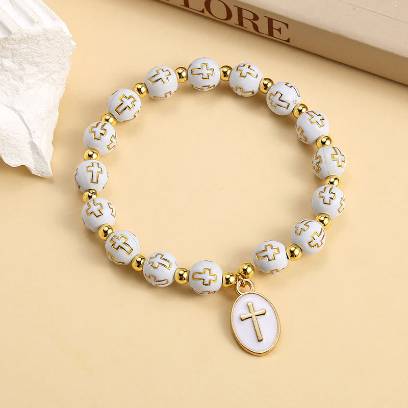 Elegant Clean White & Golden Cross Bead Bracelet