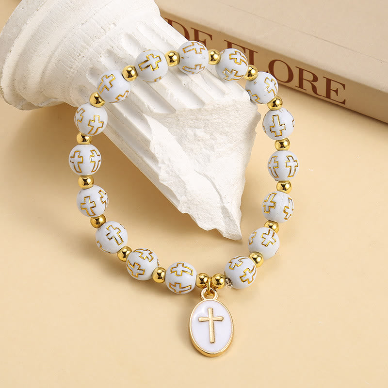 Elegant Clean White & Golden Cross Bead Bracelet