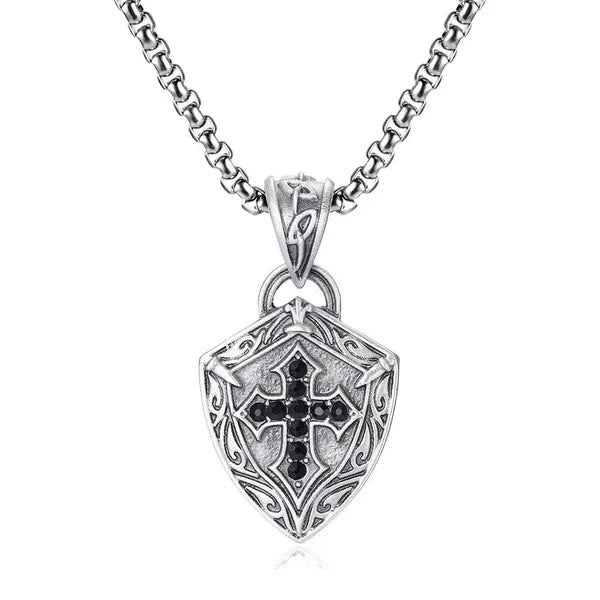 Ornate Shield-Shaped Crucifix Necklace with Black Zircons Inlays