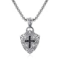 Ornate Shield-Shaped Crucifix Necklace with Black Zircons Inlays