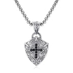 Ornate Shield-Shaped Crucifix Necklace with Black Zircons Inlays