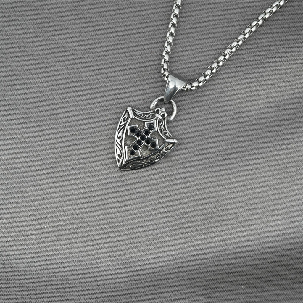 Ornate Shield-Shaped Crucifix Necklace with Black Zircons Inlays