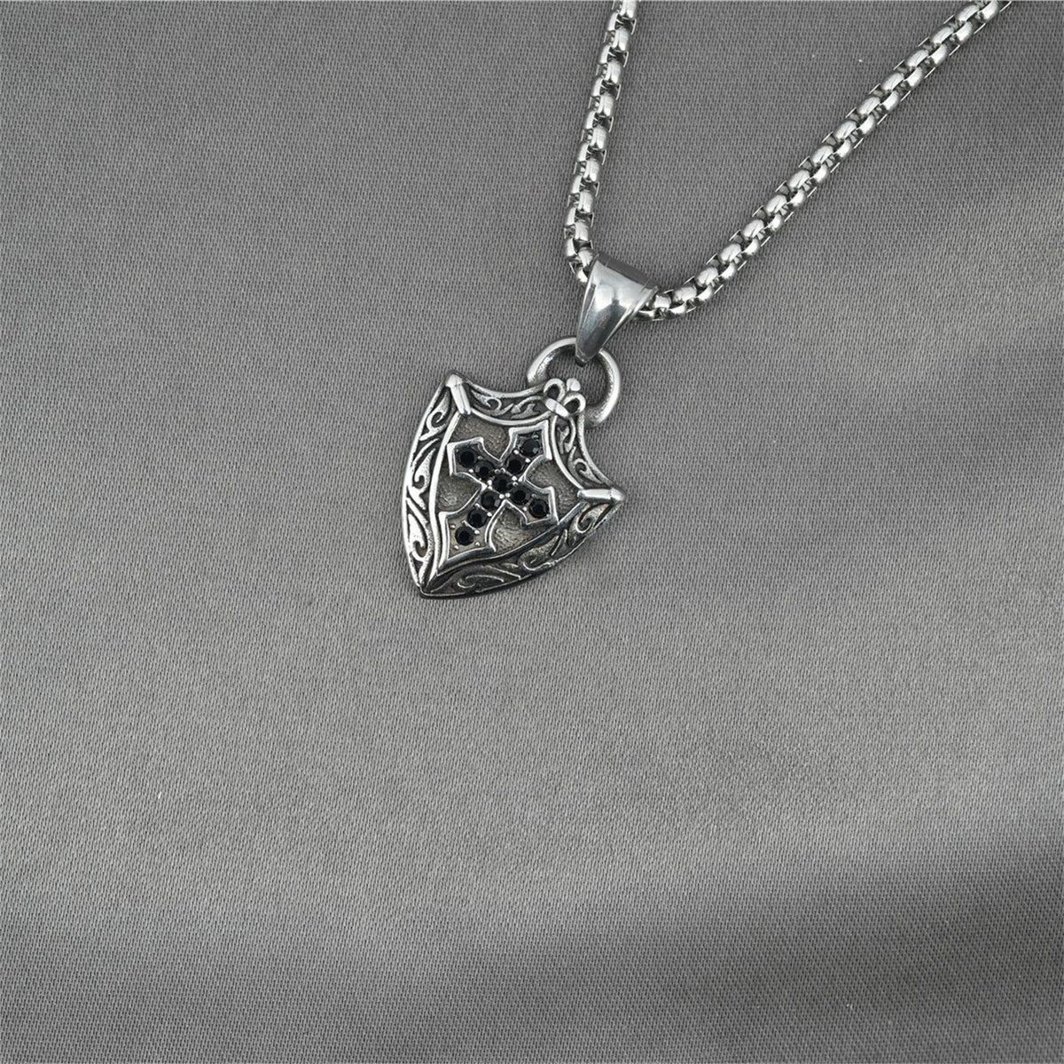 Ornate Shield-Shaped Crucifix Necklace with Black Zircons Inlays