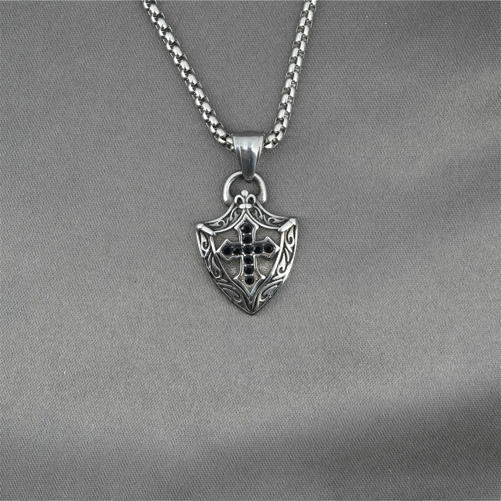 Ornate Shield-Shaped Crucifix Necklace with Black Zircons Inlays