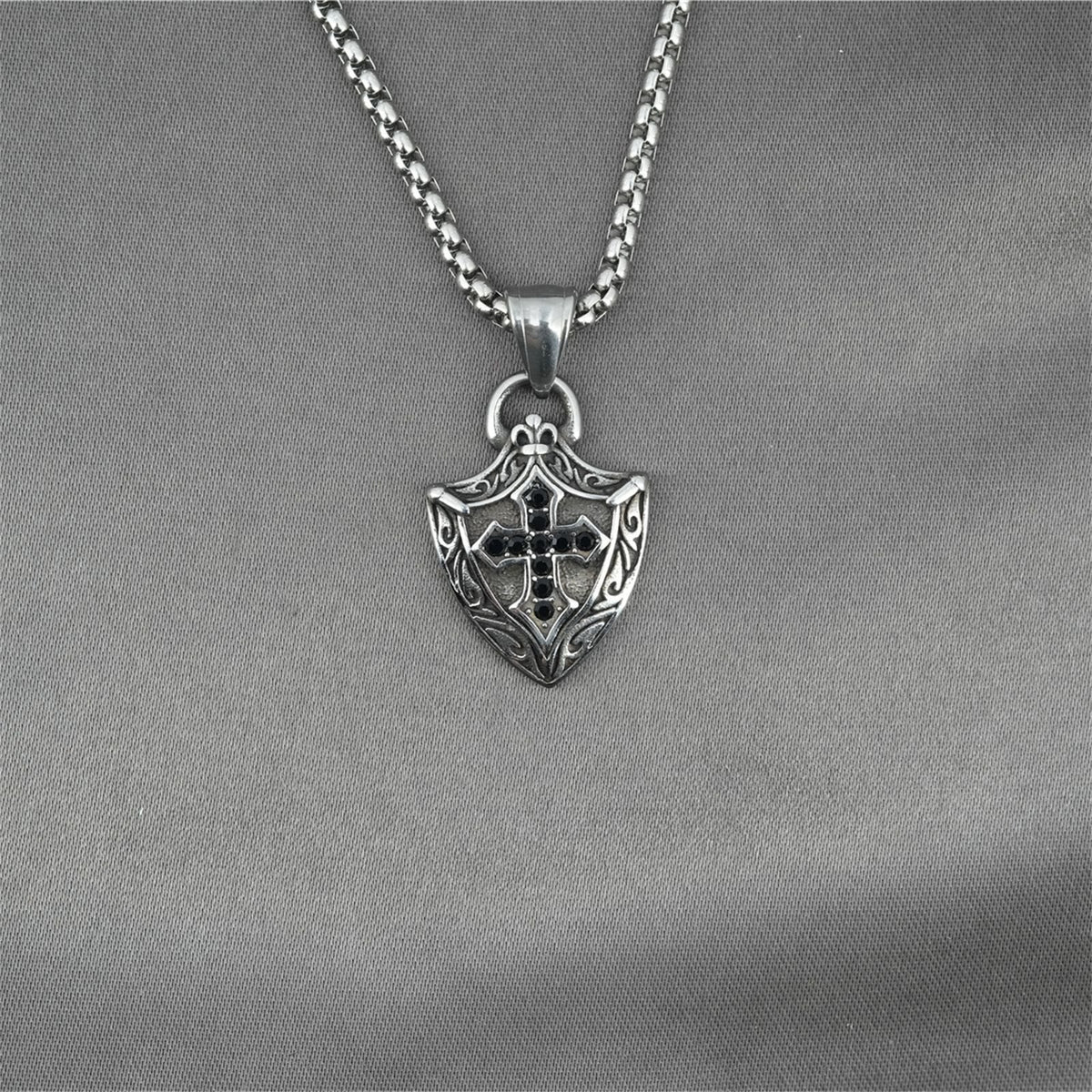 Ornate Shield-Shaped Crucifix Necklace with Black Zircons Inlays