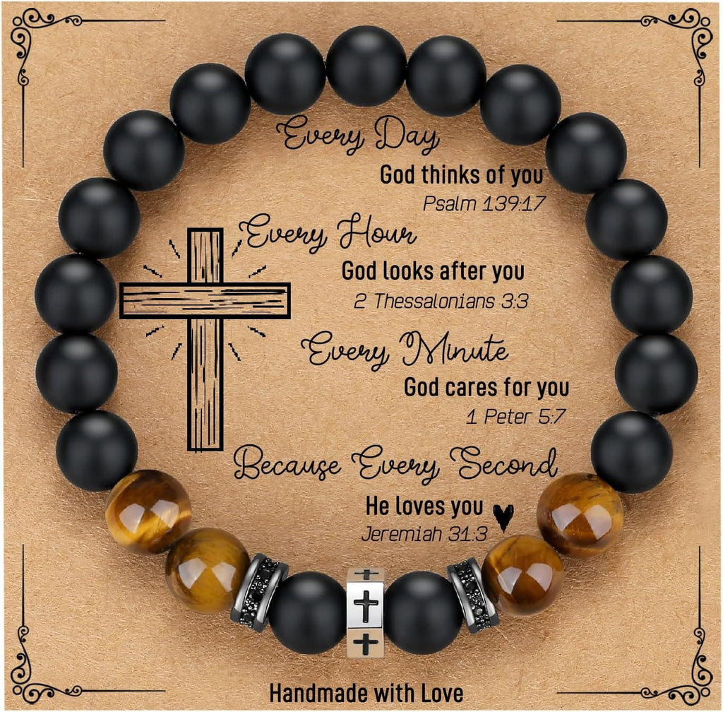 Cross Bracelet with Tiger's Eye, Black Onyx & CZ-Accented Stainless