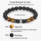 Cross Bracelet with Tiger's Eye, Black Onyx & CZ-Accented Stainless