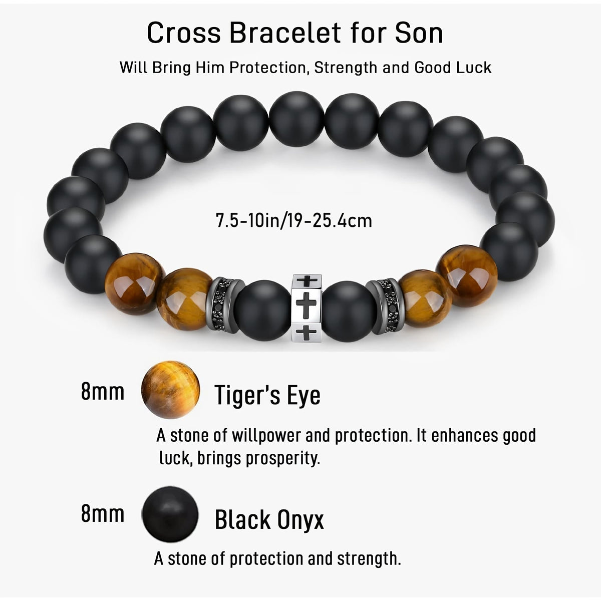 Cross Bracelet with Tiger's Eye, Black Onyx & CZ-Accented Stainless