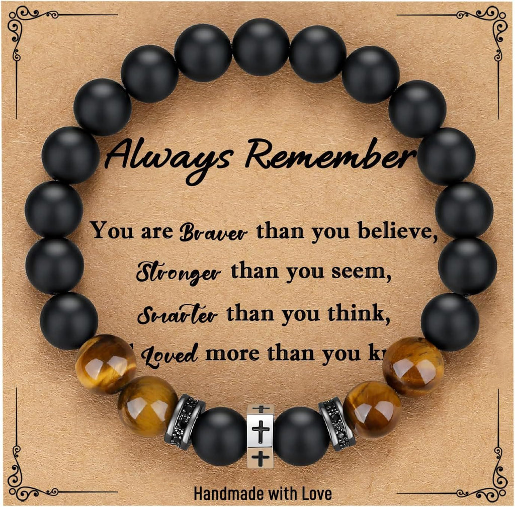 Cross Bracelet with Tiger's Eye, Black Onyx & CZ-Accented Stainless