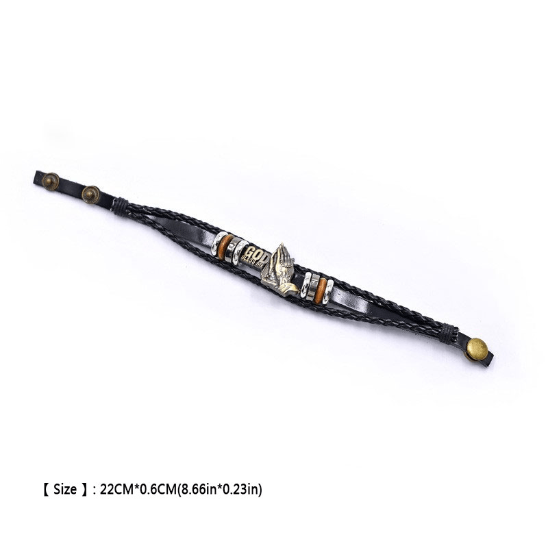 Retro-Style Praying Hands Bracelet GOD BLESS ME Black Braided Design