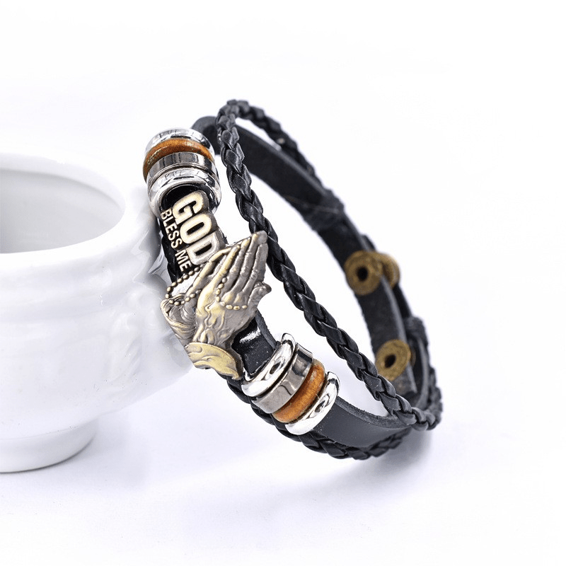 Retro-Style Praying Hands Bracelet GOD BLESS ME Black Braided Design