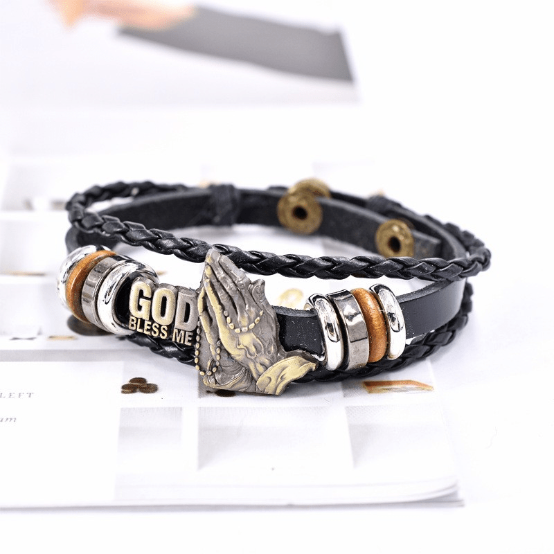 Retro-Style Praying Hands Bracelet GOD BLESS ME Black Braided Design