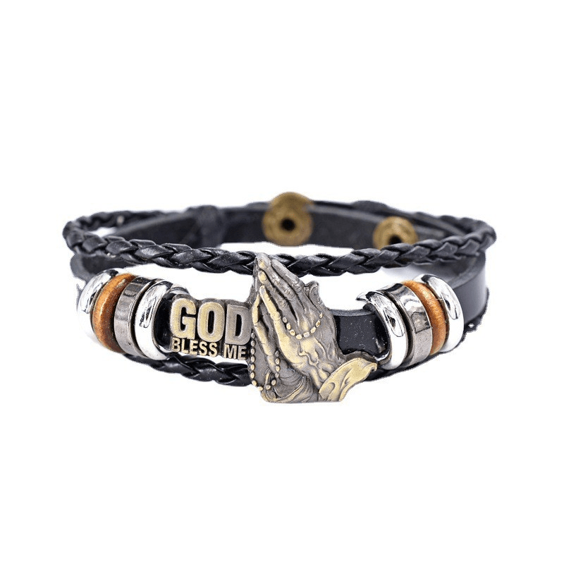 Retro-Style Praying Hands Bracelet GOD BLESS ME Black Braided Design