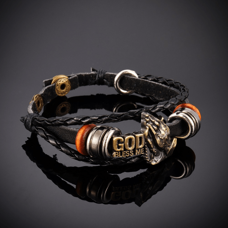 Retro-Style Praying Hands Bracelet GOD BLESS ME Black Braided Design