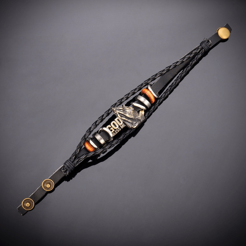 Retro-Style Praying Hands Bracelet GOD BLESS ME Black Braided Design