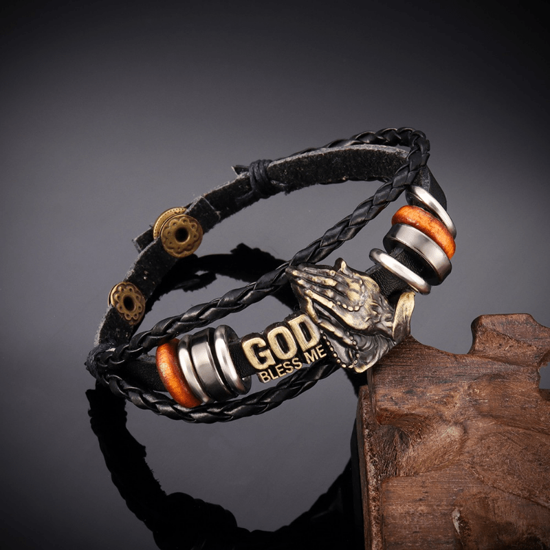 Retro-Style Praying Hands Bracelet GOD BLESS ME Black Braided Design