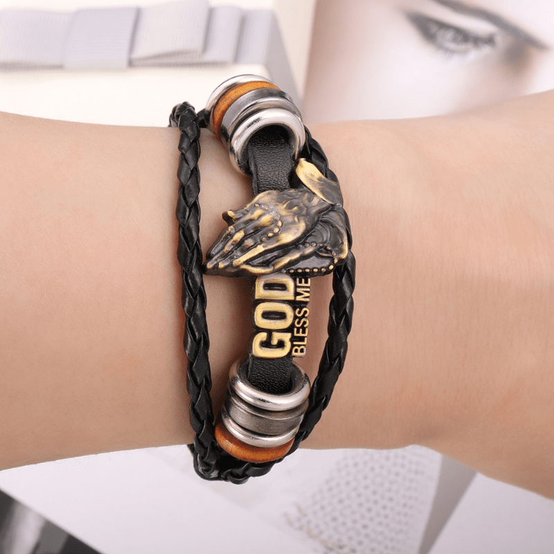 Retro-Style Praying Hands Bracelet GOD BLESS ME Black Braided Design