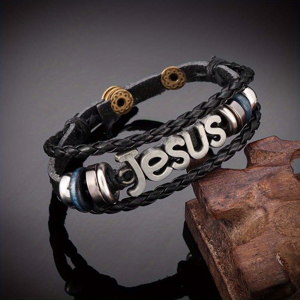 Two-Tone Jesus Charm Bracelet on Black Braided Leather